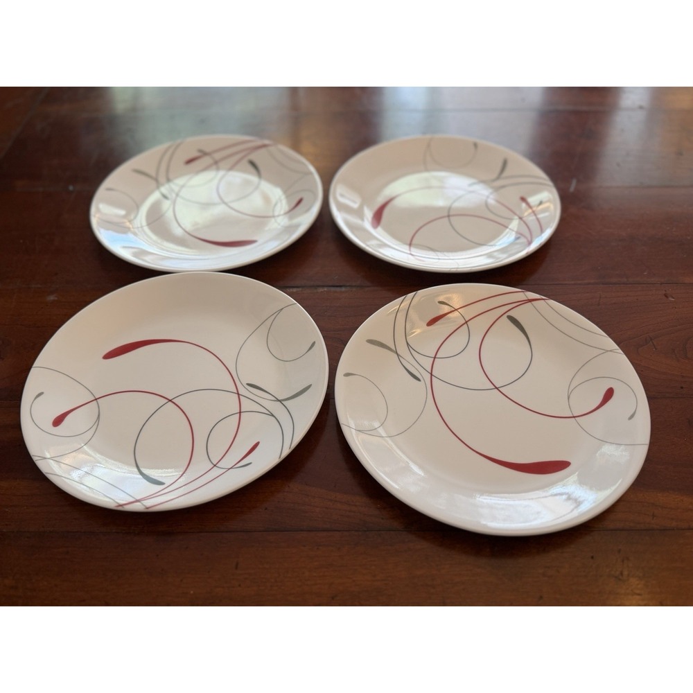 Set of 4 Corelle Splendor Round Salad Luncheon Plates 8 1/2" Red Grey Swirls